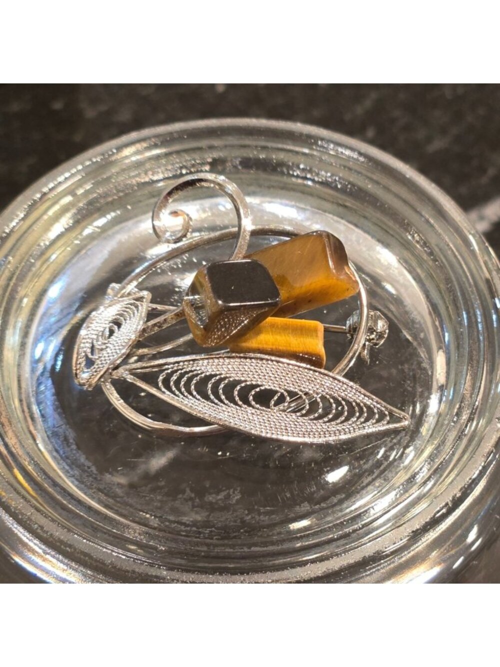 Vintage Modernist Brooch Tiger Eye Style Glass Silver Tone Abstract Pin